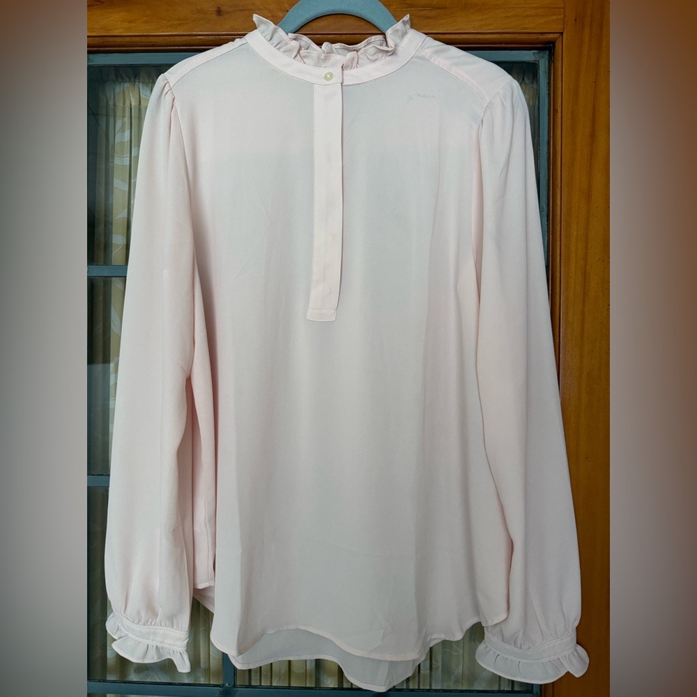 LOFT Pink Bishop Sleeve Ruffled Blouse